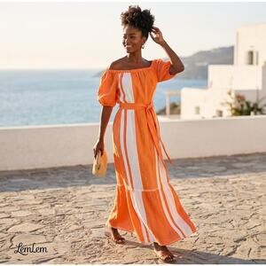 LemLem Hand Crafted Zoya Orange Stripe Maxi Short Sleeve Beach Dress Small NEW